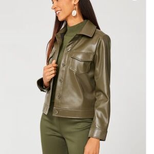 Chico's Women's Olive Kelp Green Two-Pocket Faux-Leather Jacket Size 0 Small